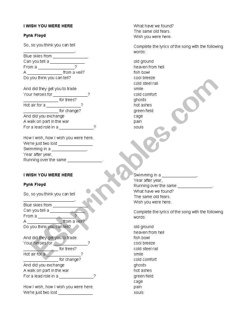 I wish you were here worksheet