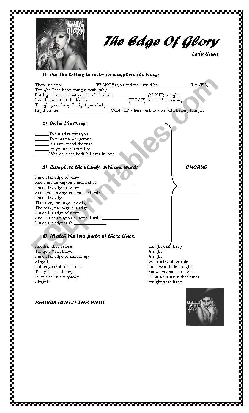 Edeg Of Glory by Lady Gaga worksheet