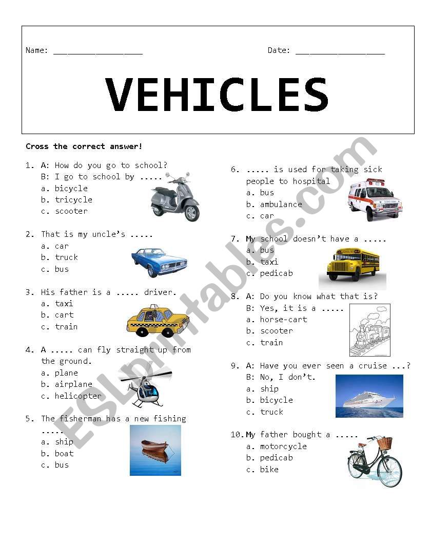 Vehicles worksheet