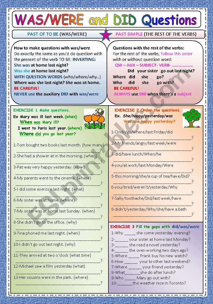 WAS-WERE and DID questions 2 worksheet