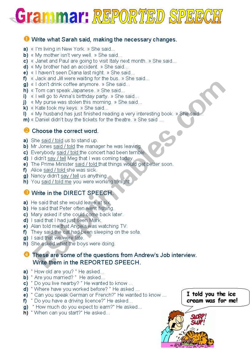 Reported Speech exercises worksheet