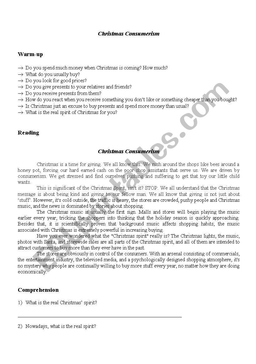 Christmas Consumerism worksheet