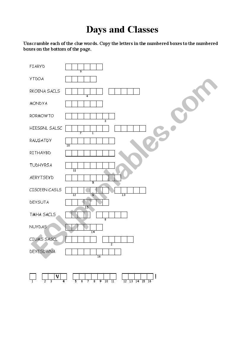 Days and Classes Double Puzzle