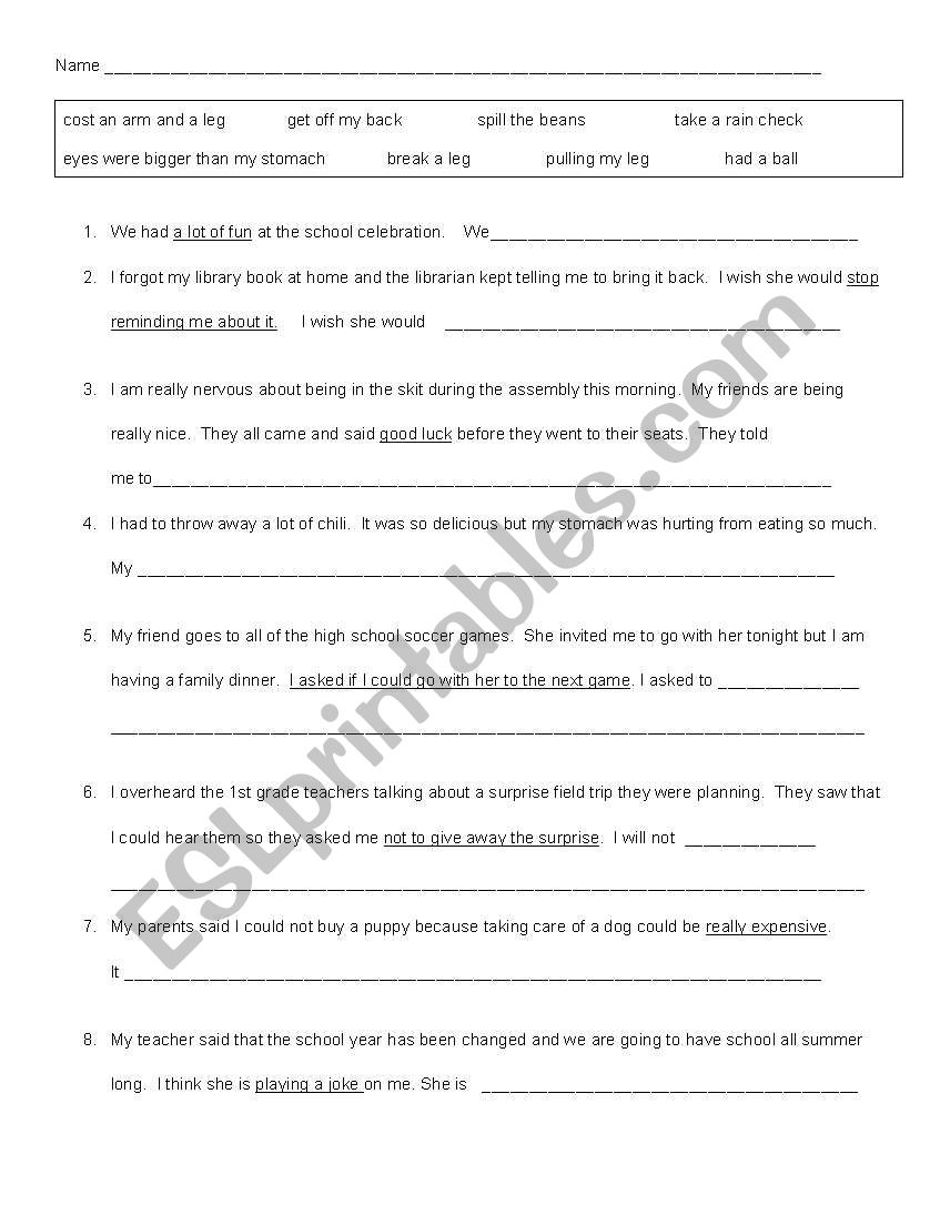 Idiom assessment worksheet