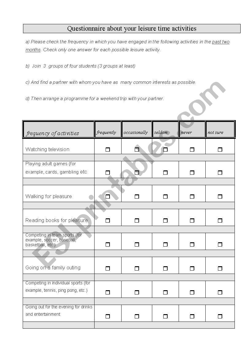 Leisure time activities worksheet