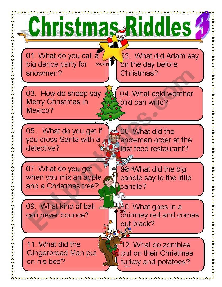 Christmas riddles for Everyone - ESL worksheet by dturner