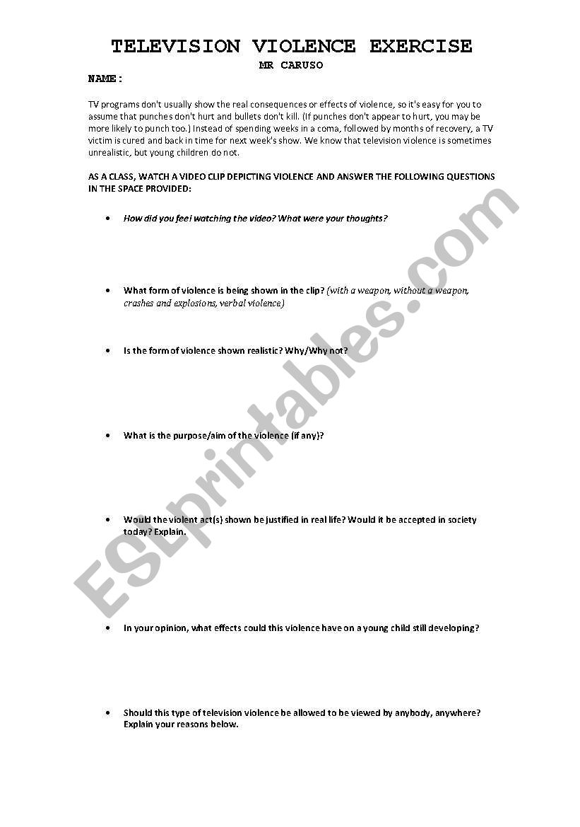 Television Violence Response worksheet