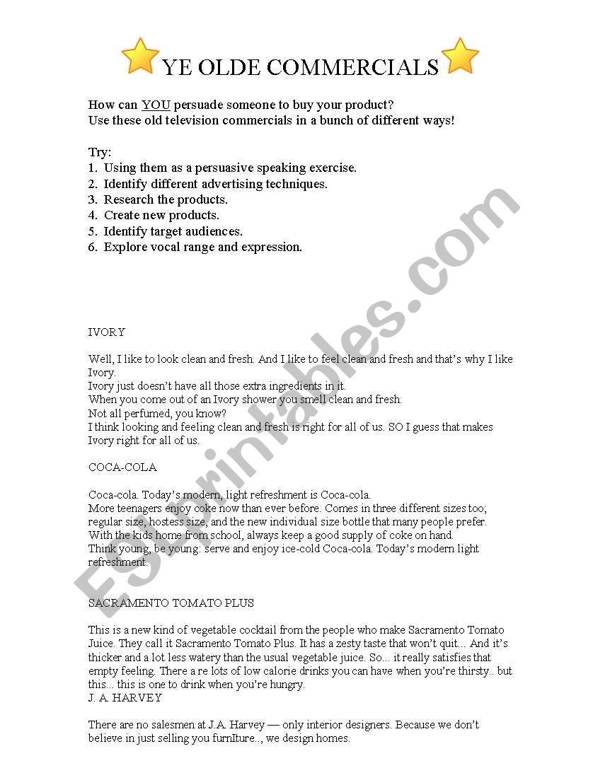 Old TV Commercial Scripts worksheet