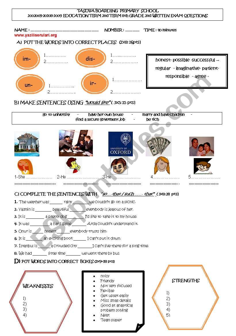 eight graders exam worksheet