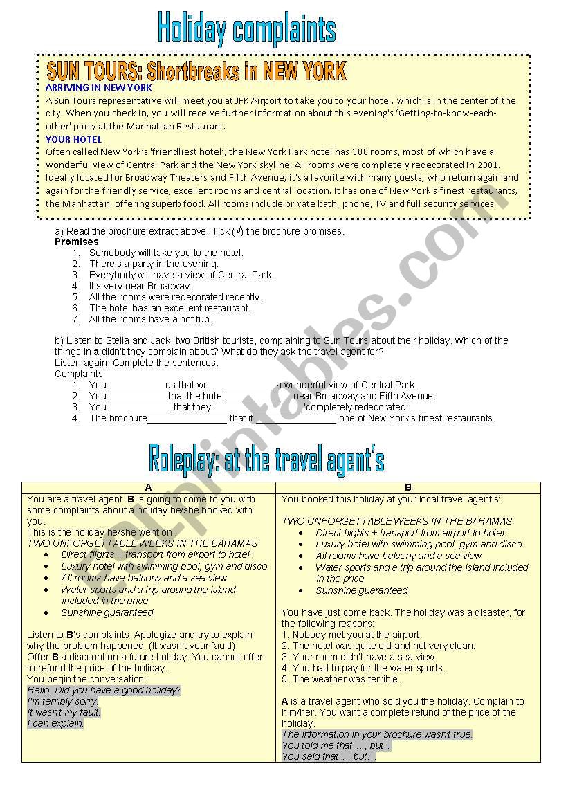 Holiday complaints worksheet