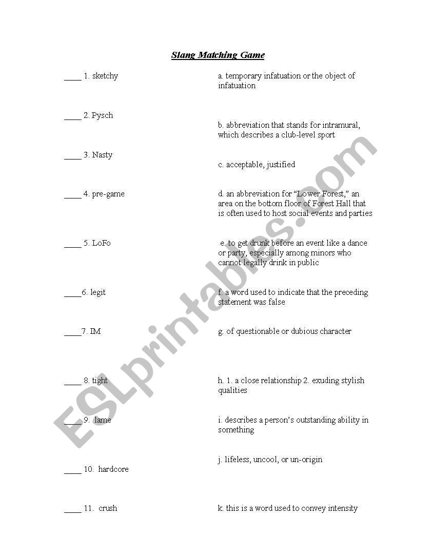 Slangs and Matching worksheet