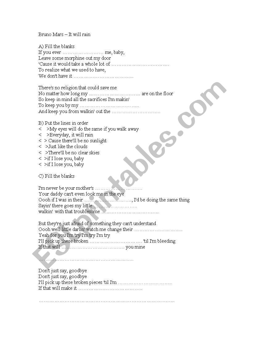 Bruno Mars It will rain song worksheet