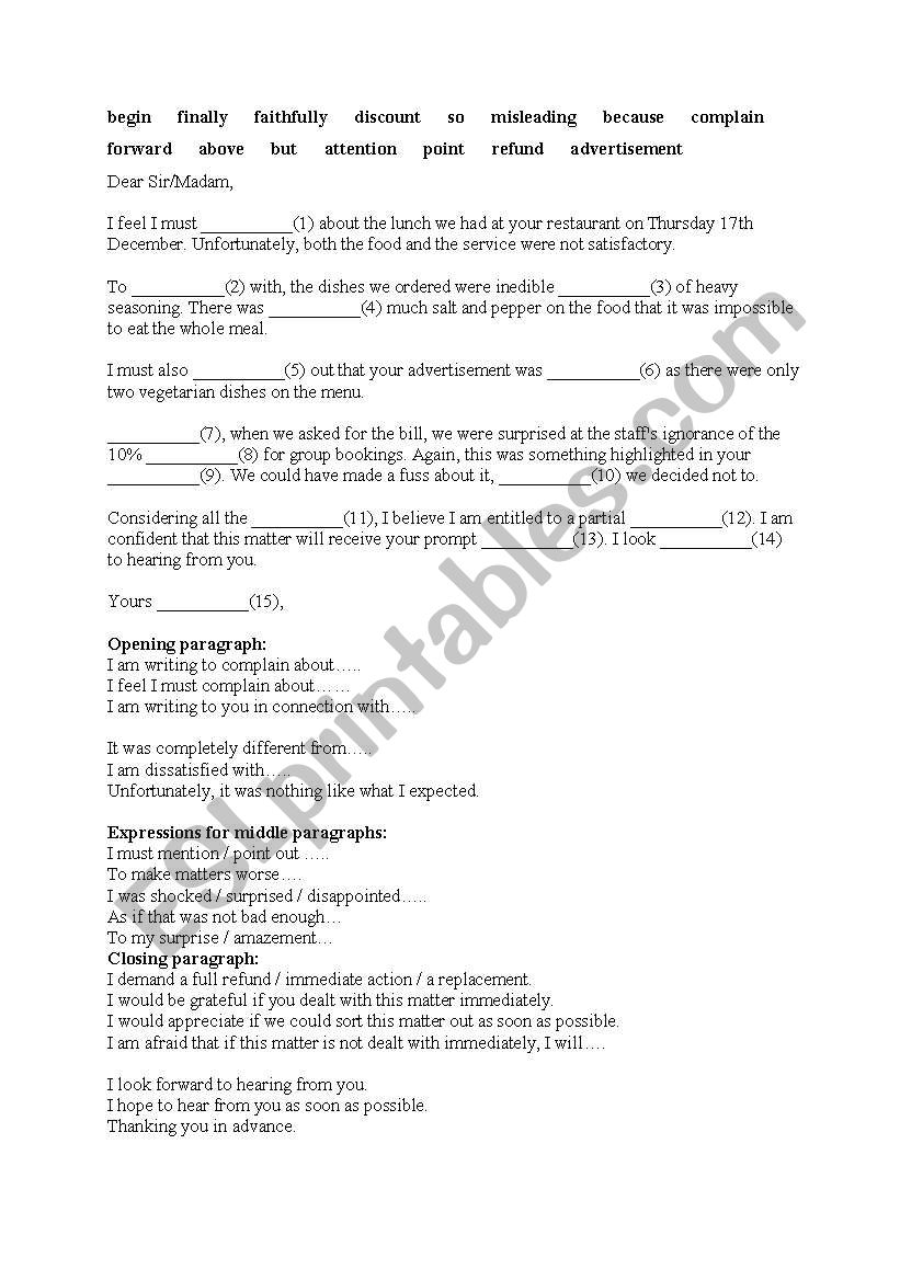 Letter of Complaint worksheet