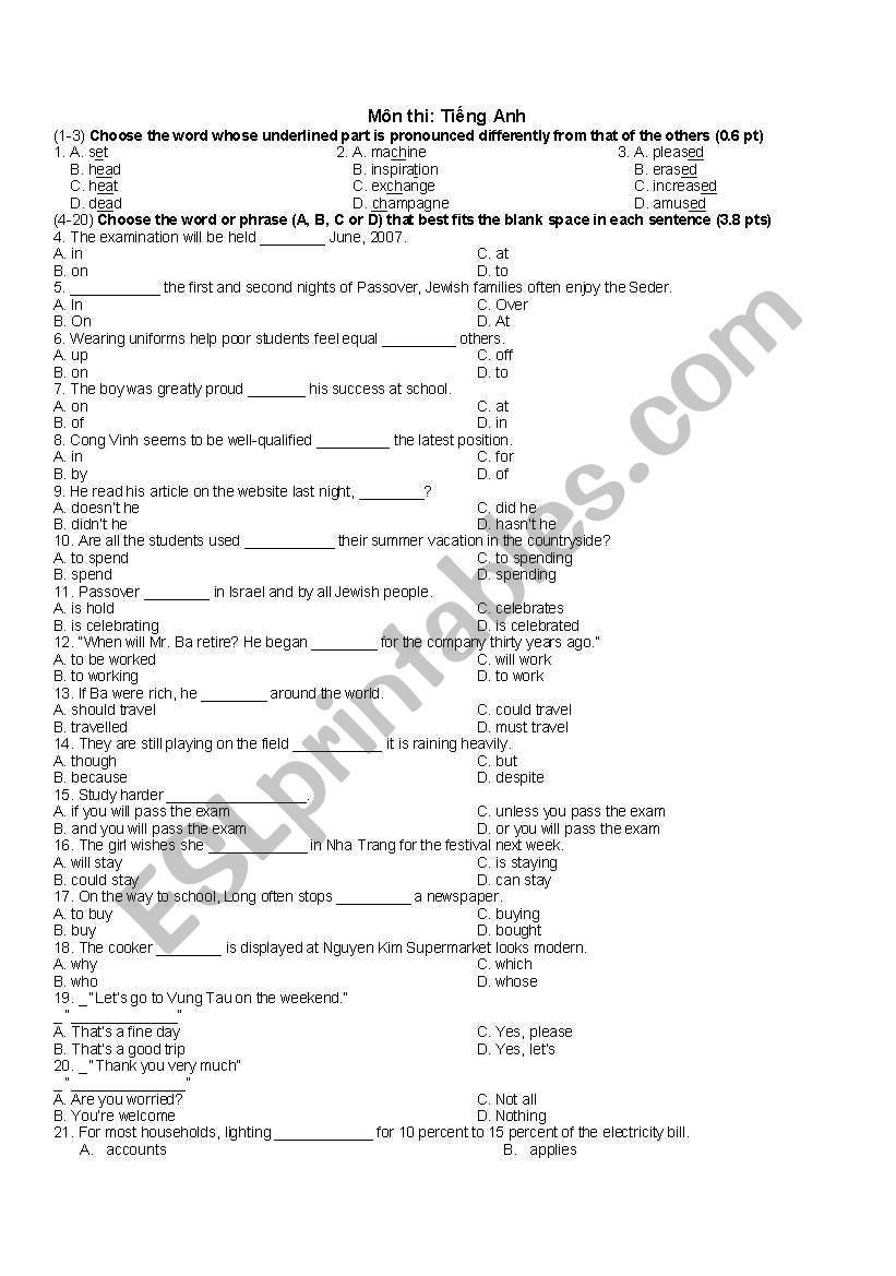 Test for pre-intermediate worksheet