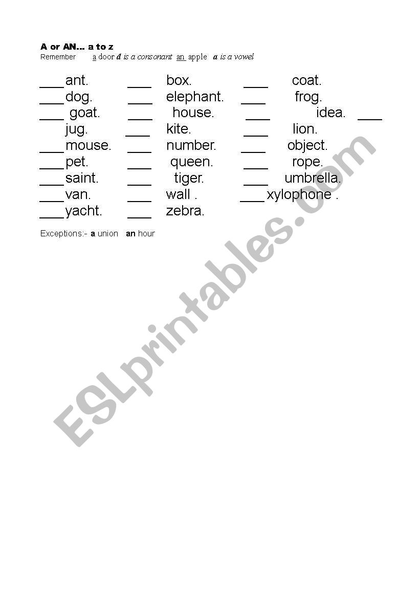 A tor An quiz a to z worksheet