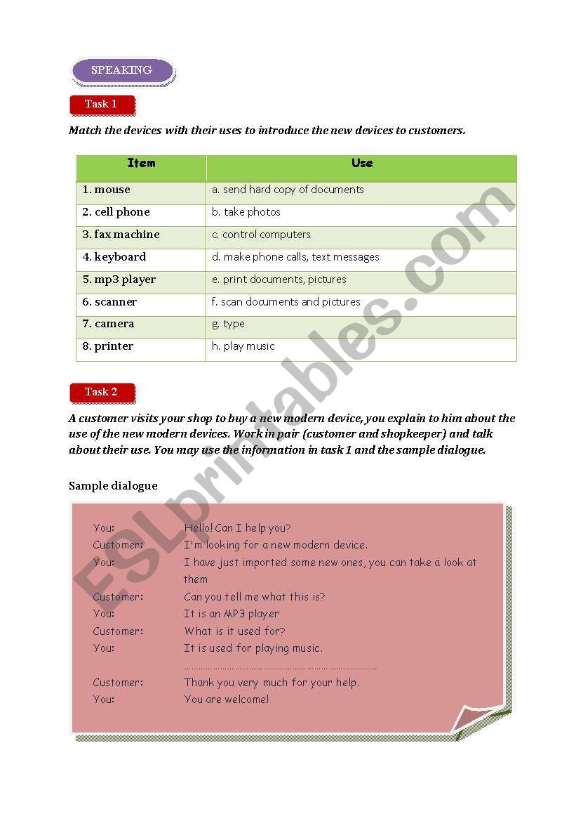 Speaking about modern devices worksheet