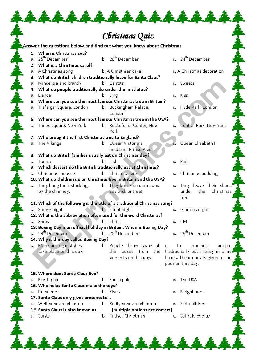 Christmas quiz worksheet