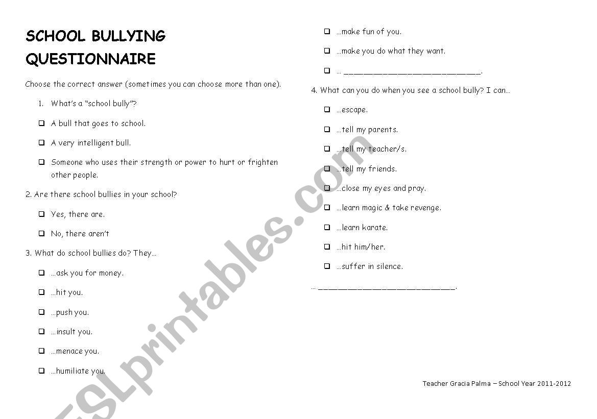 School Bullying Questionnaire worksheet