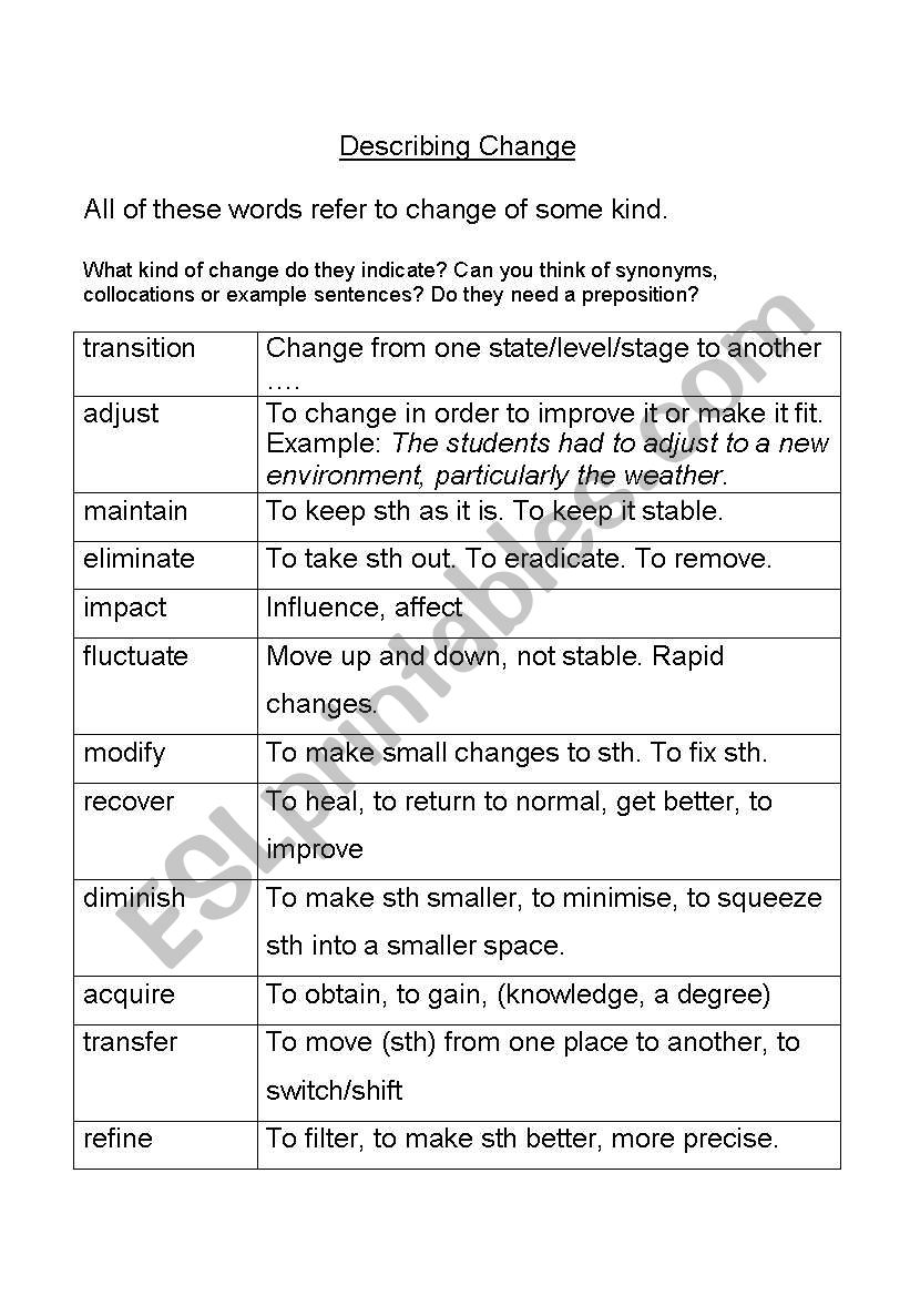Describing Change worksheet
