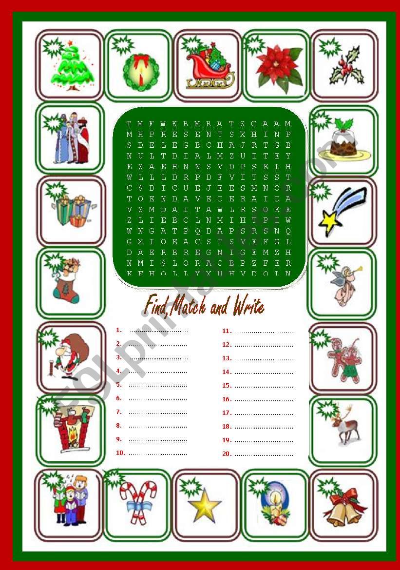 Merry Christmas wordsearch + key