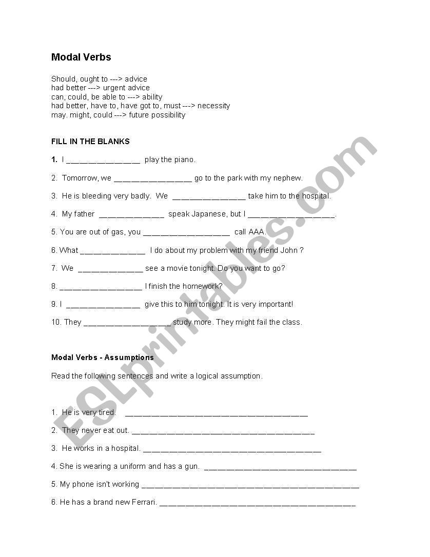 Modal Verb Exercise worksheet