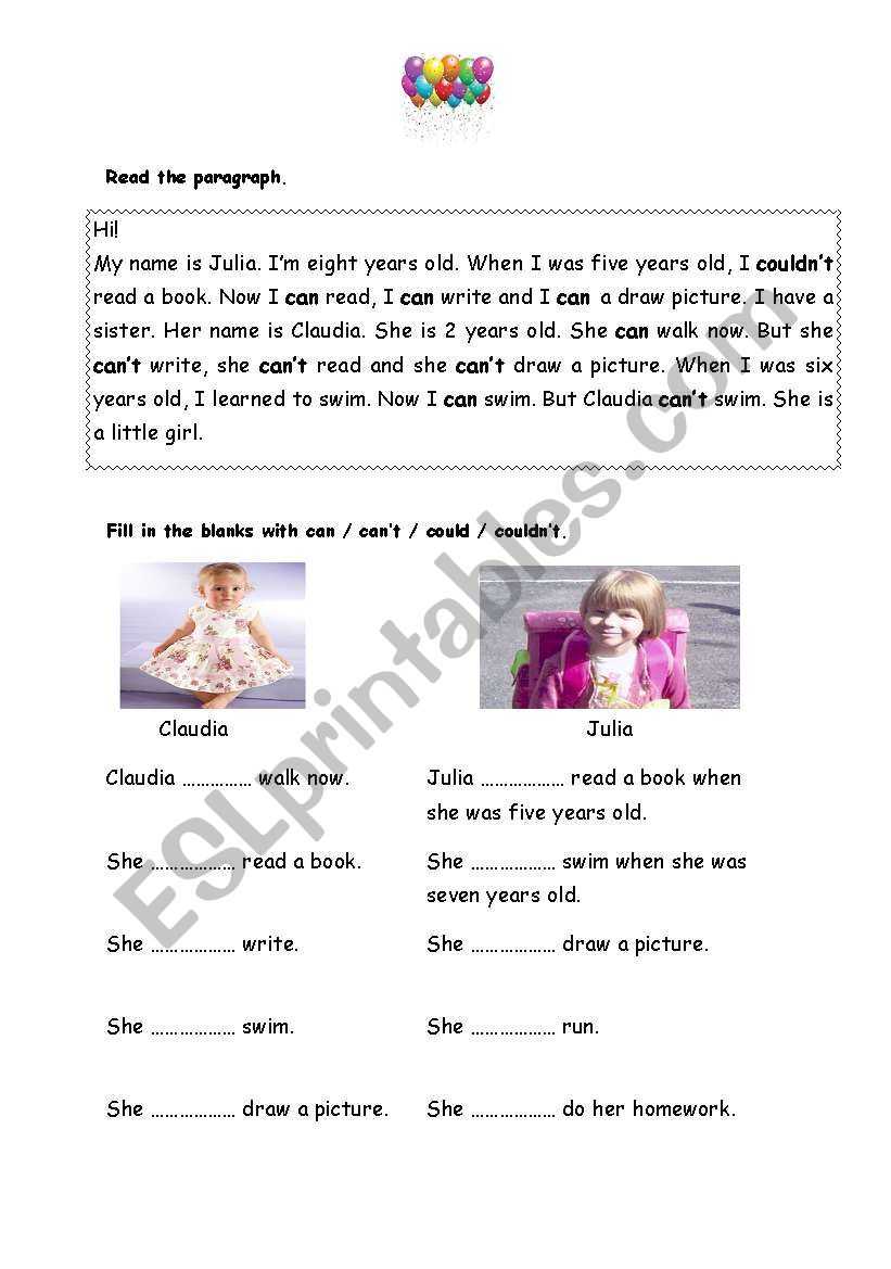 Can-Could Reading Sheet worksheet
