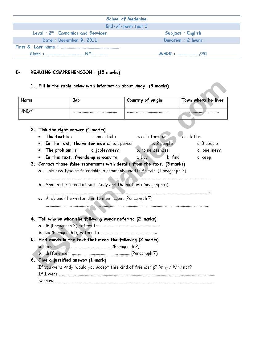 Mid-term test 1, level 2, Economics and Services