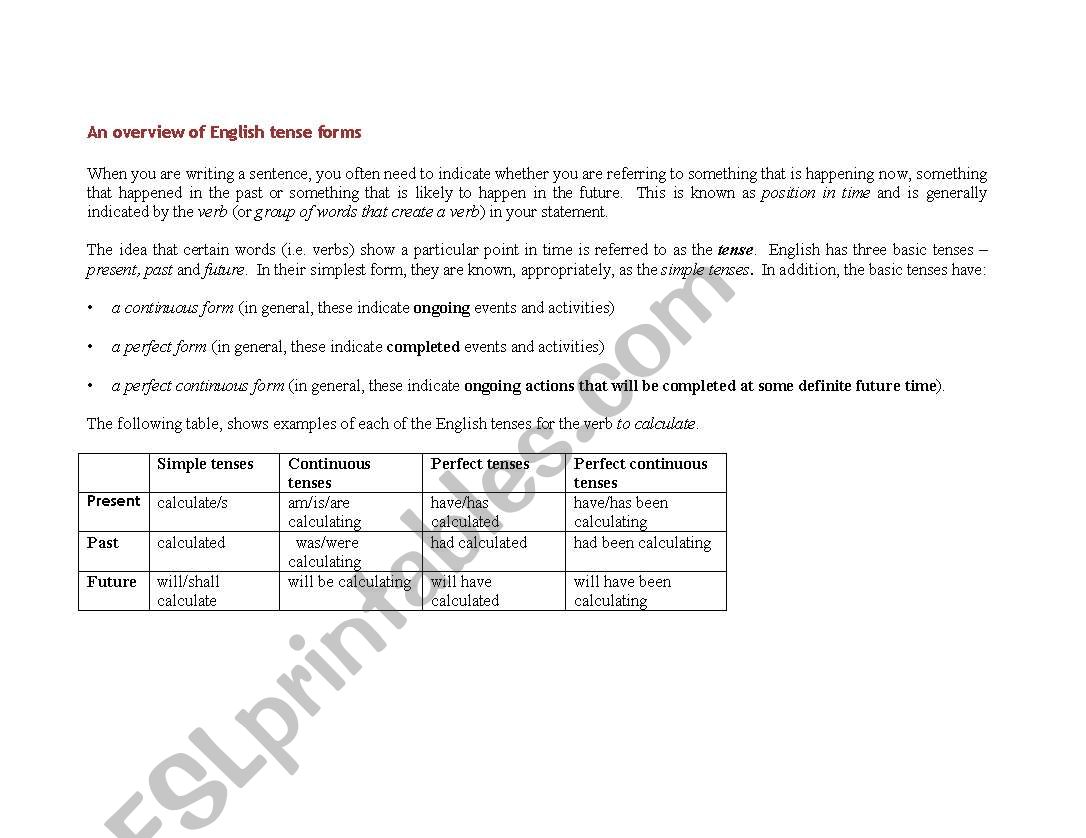 Overview of verb tenses worksheet