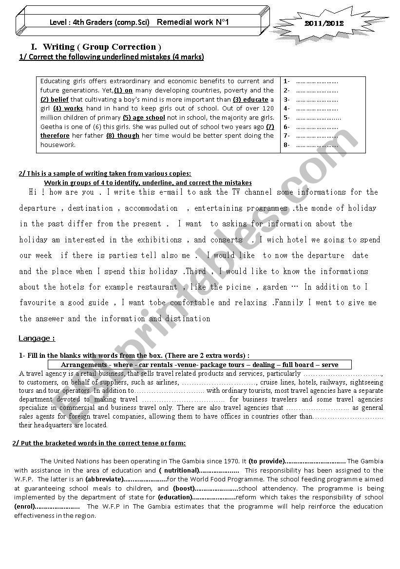 REMEDIAL WORK  4th  year  worksheet