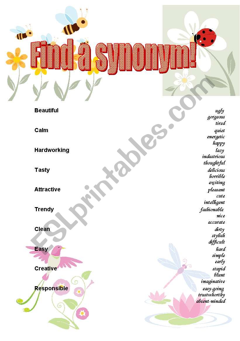 Synonyms (simple adjectives) worksheet