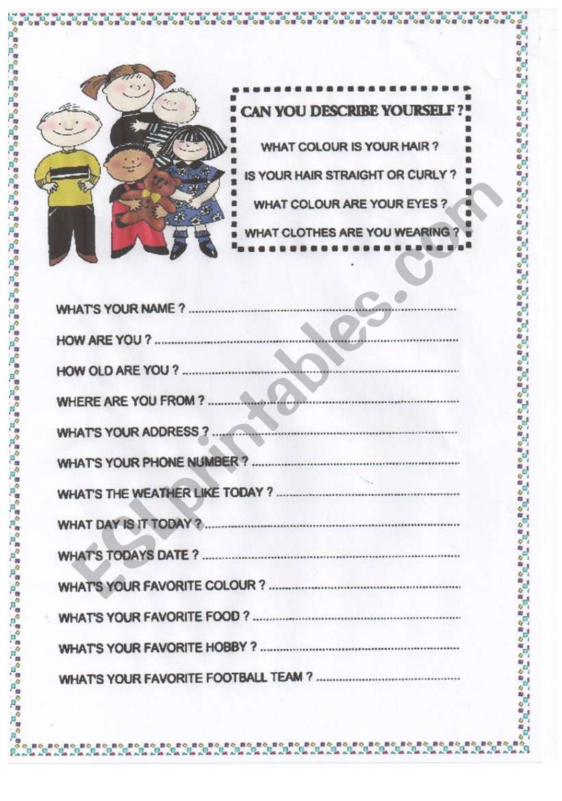 About me! Describe your self worksheet