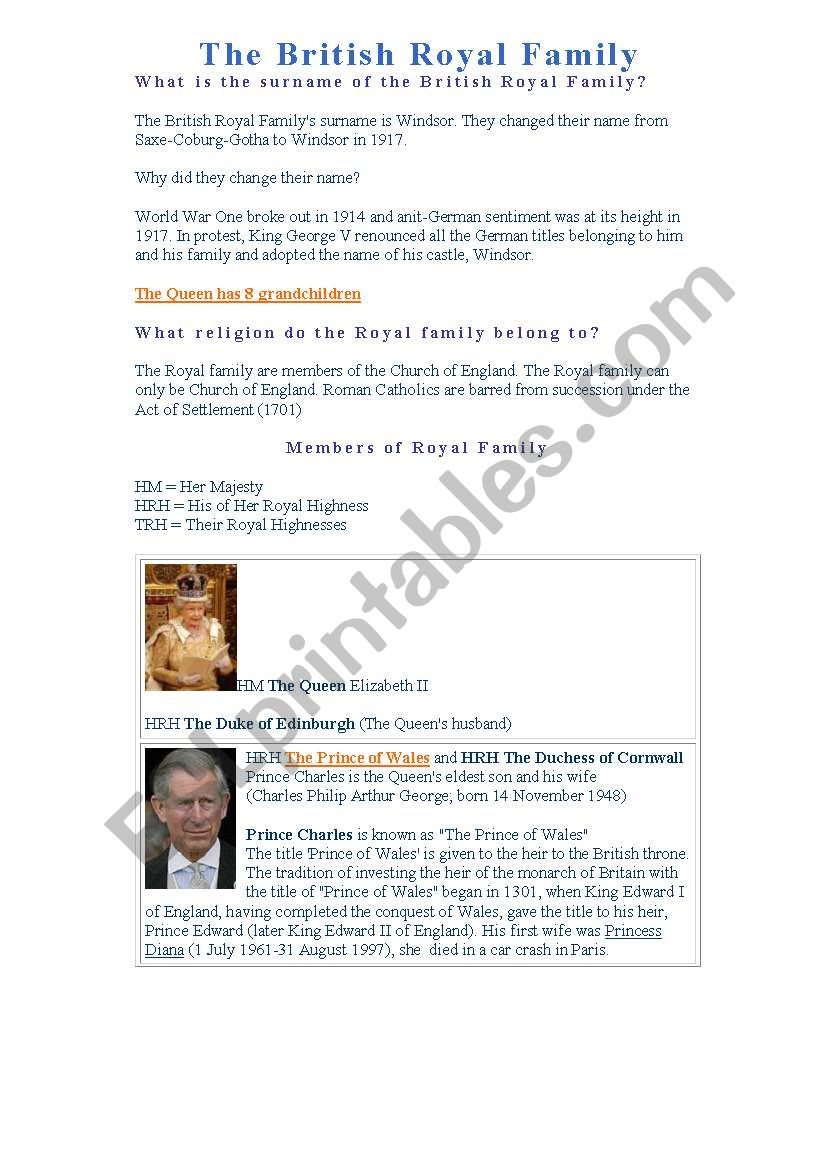 The Royal family worksheet