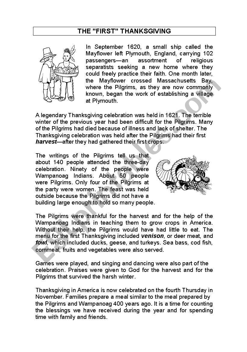 Thanksgiving History Reading Worksheet