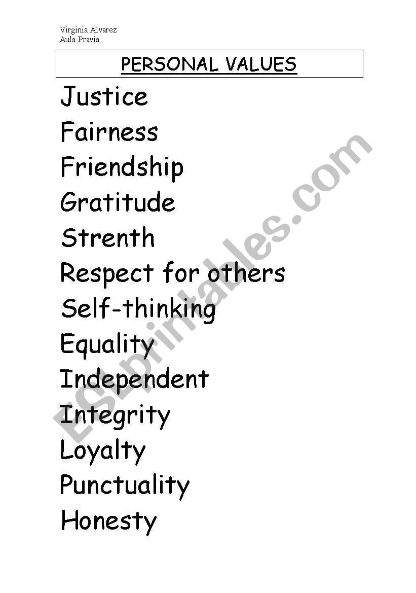 PERSONAL VALUES worksheet