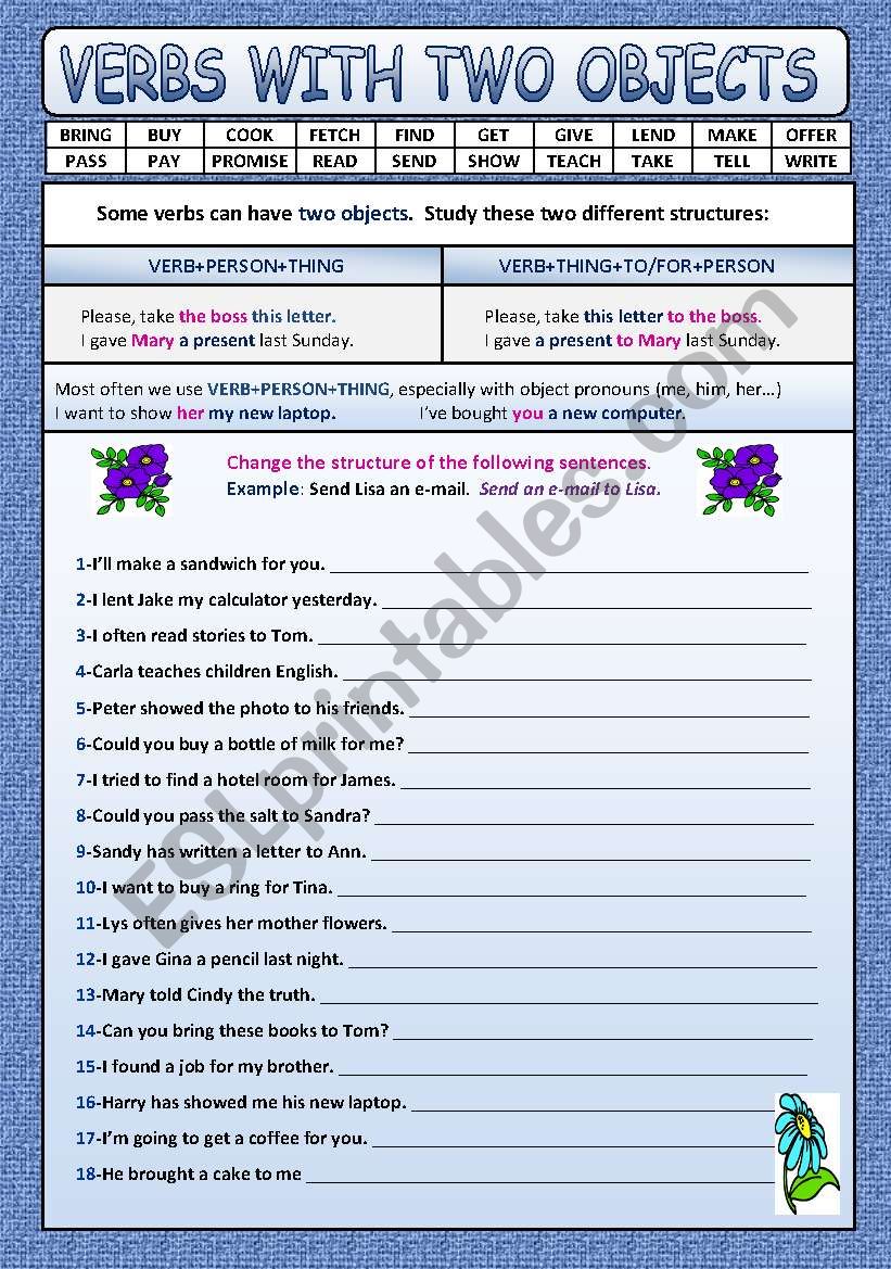 Verbs With 2 Objects Worksheets