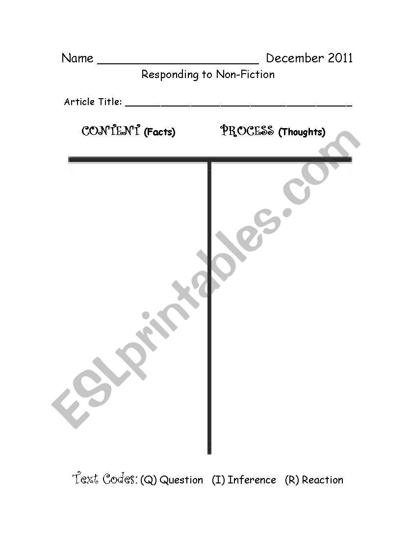 T-Chart for Non-Fiction worksheet