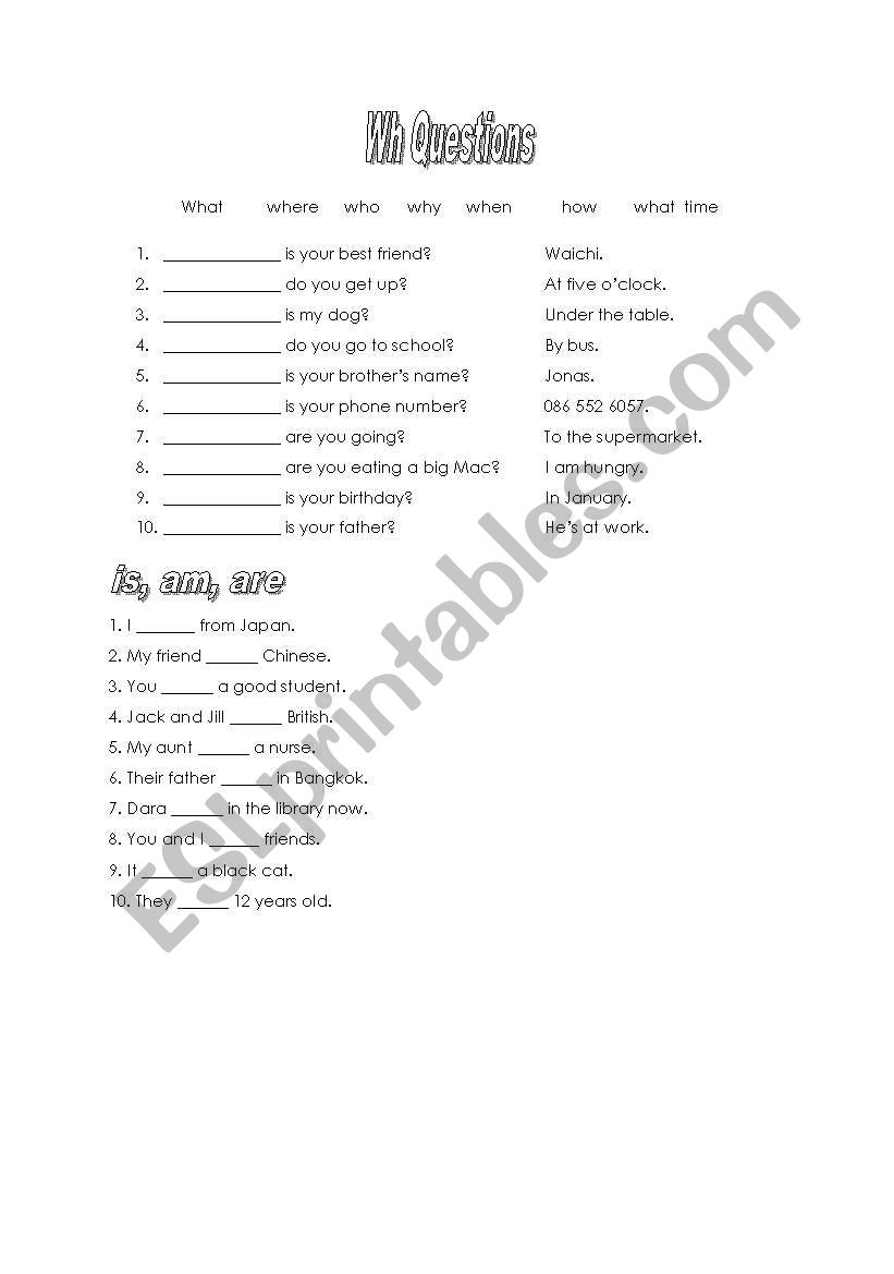 Question words and Be worksheet