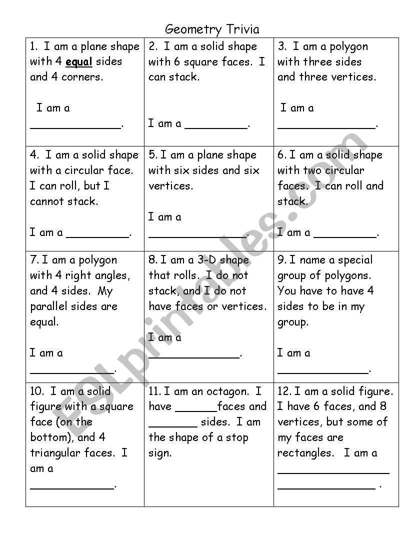 Geometry Trivia-3rd Grade worksheet