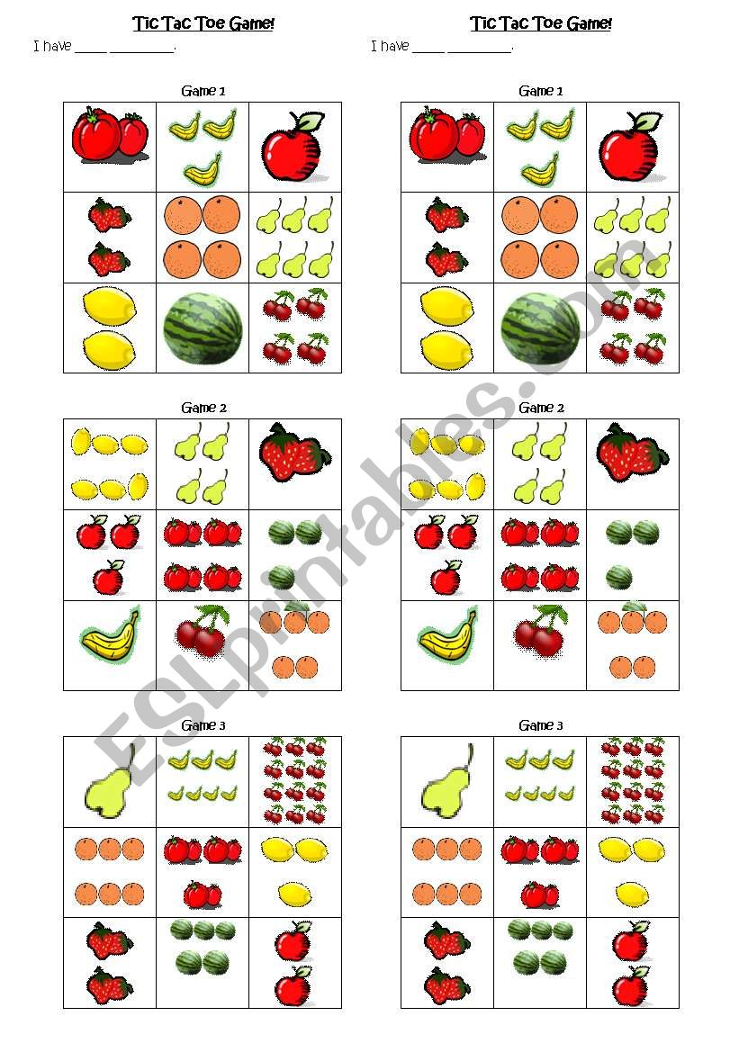 Tic Tac Toe game with fruits worksheet
