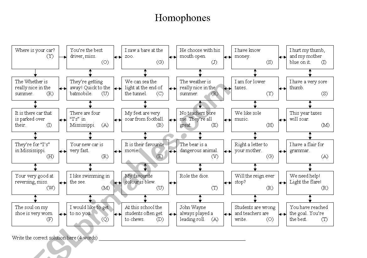Homophone maze worksheet