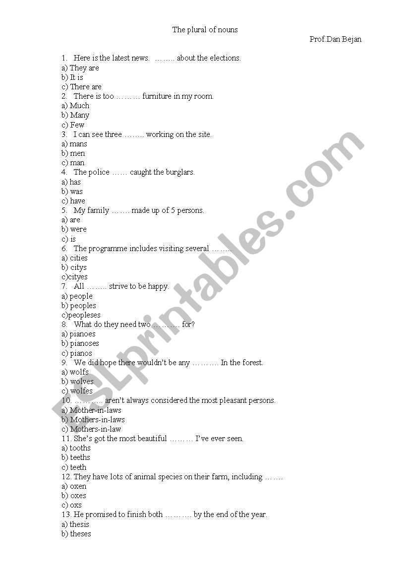 TESTE THE PLURAL OF THE NOUNS worksheet