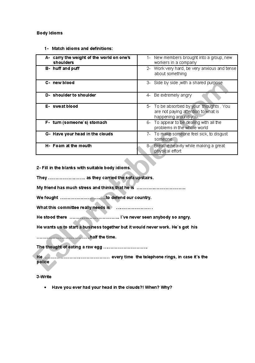 Body idioms worksheet