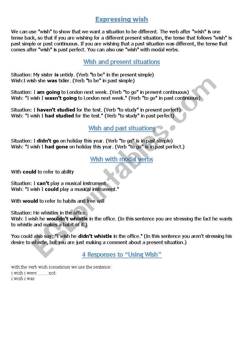 Expressing wish worksheet