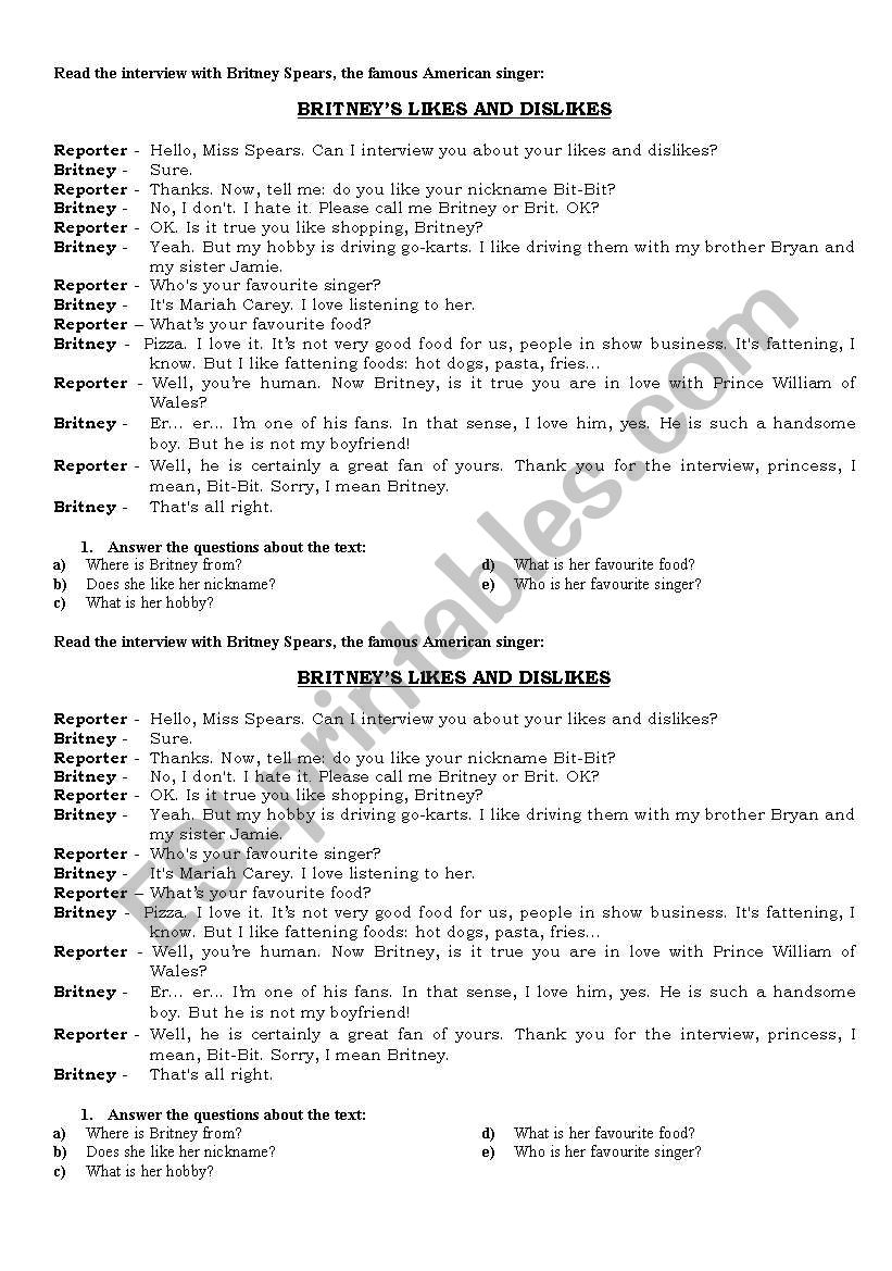 britney spears worksheet