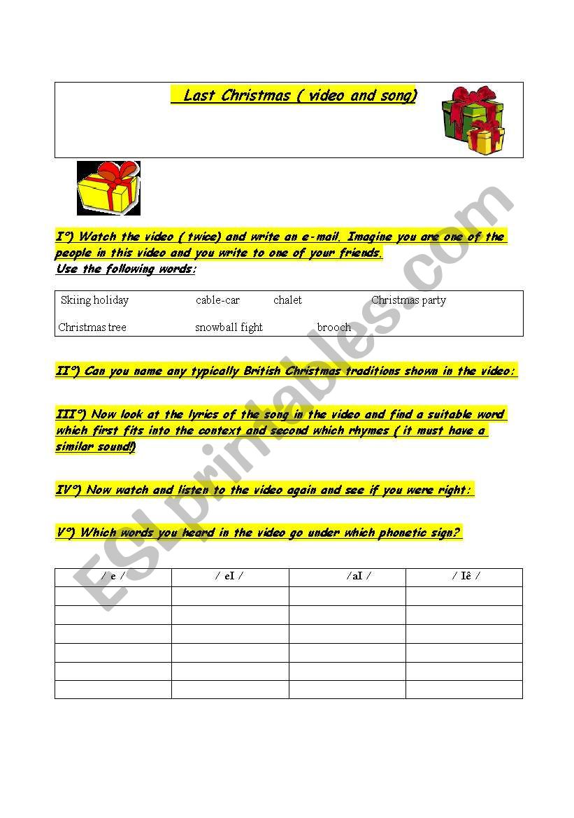 Christmas video and song  worksheet