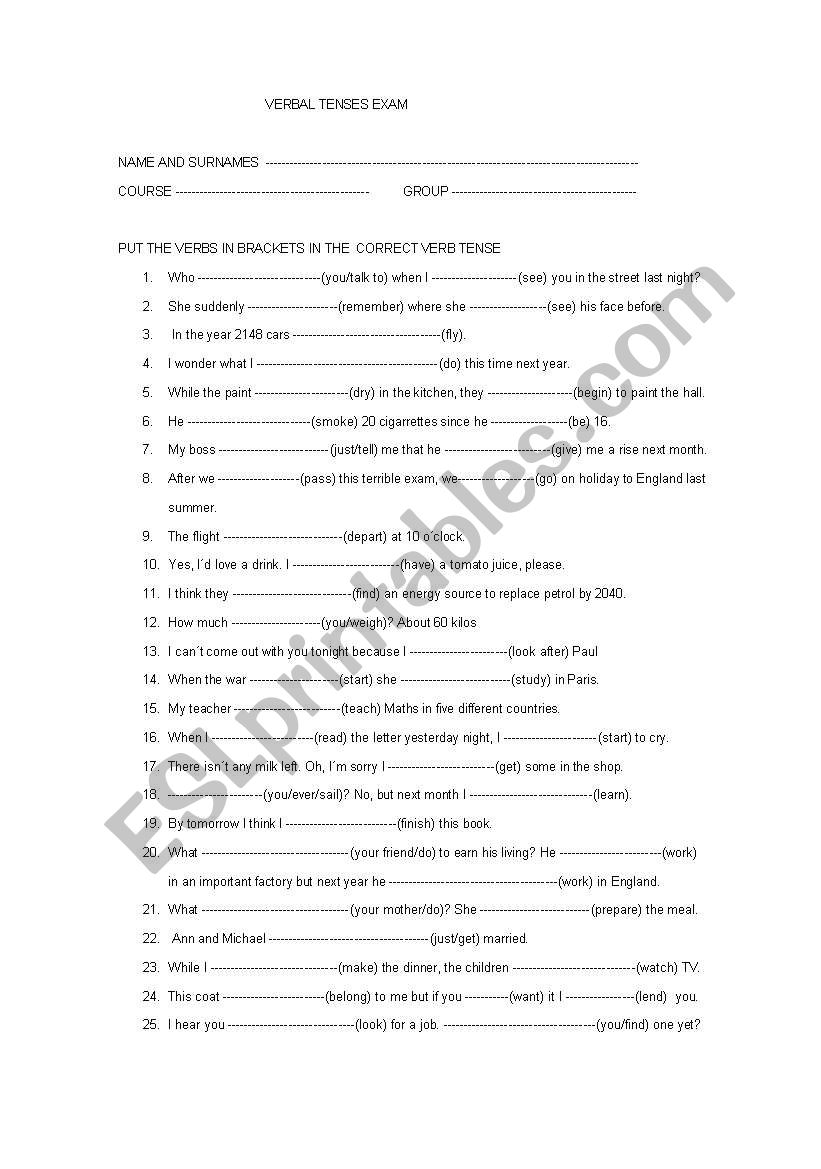 REVISION OF VERBAL TENSES worksheet