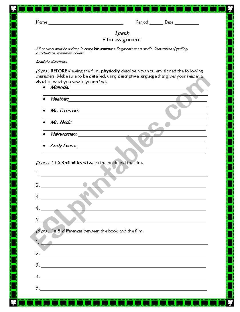 SPEAK Film Activity worksheet