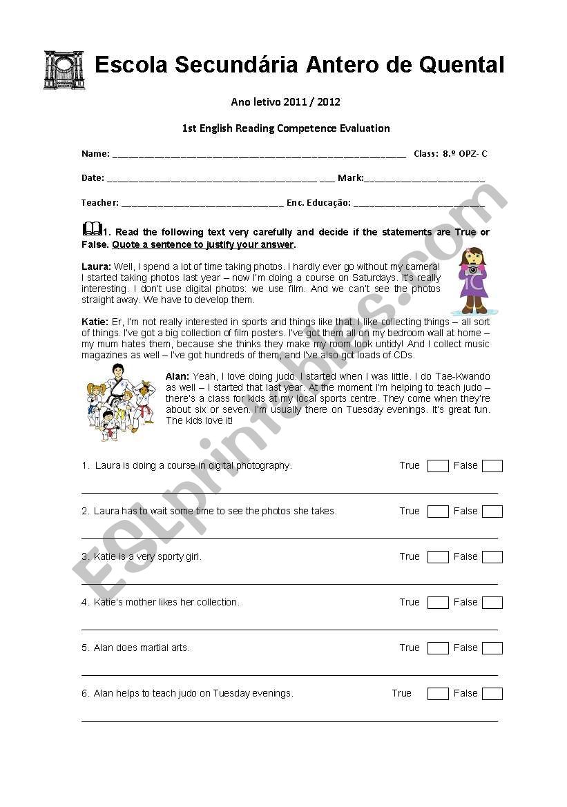 Reading evaluation worksheet