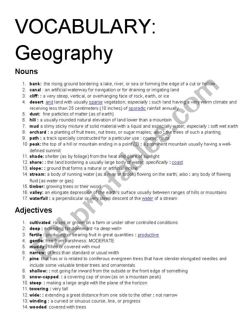 Vocabulary definitions: Weather and Geography