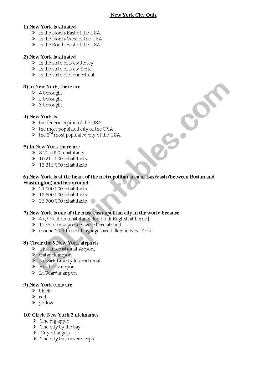 Quizz New York City worksheet